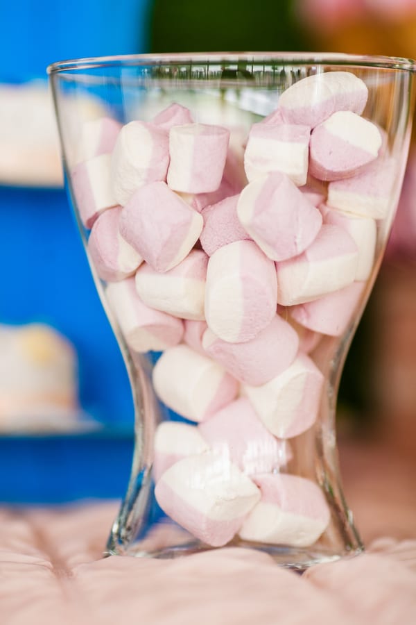Hire candy cart — large vase of small pink and white marshmallows b for parties and events in Johannesburg, Sandton and Randburg
