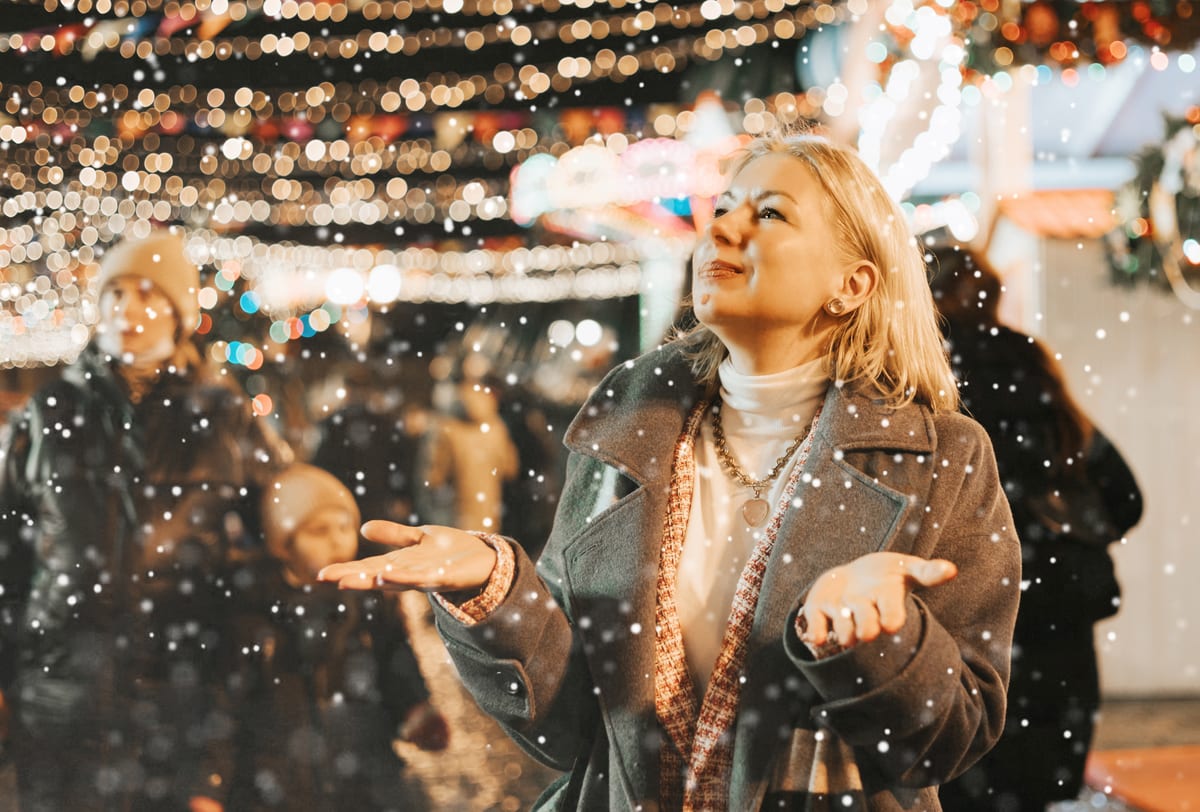 Snow Machine hire — beautiful middle aged blonde woman stands at a chr | Panda Party Hire Hire snow machine — beautiful middle aged blonde woman stands at a chr for parties and events in Johannesburg, Sandton and Randburg